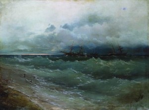 Корабли в бурном море. Восход солнца