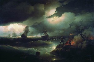 Петр и при красной горке зажигайуший костер для сигнала гибнушим судам своим