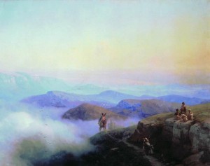 Цепи Кавказских гор. Вид с Каранайских гор на Темир-Хан-Шуру, на Каспийском море