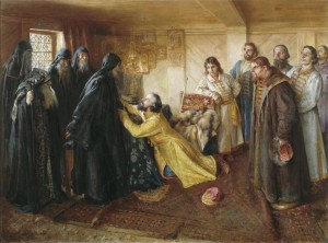 Царь Иван Грозный просит игумена Корнилия постричь его в монахи