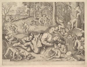 Гравюра. Коробейник, ограбленный обезьянами (1562) (22.7 х 29.3)