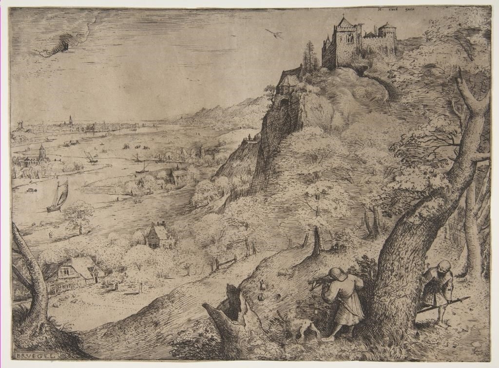 Альпийский пейзаж с охотой на зайцев (1560) (21.4 х 28.9).
