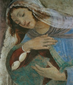 47.4.Благовещение (1481) (243 x 555) (Флоренция, Уффици)_деталь. Дева Мария